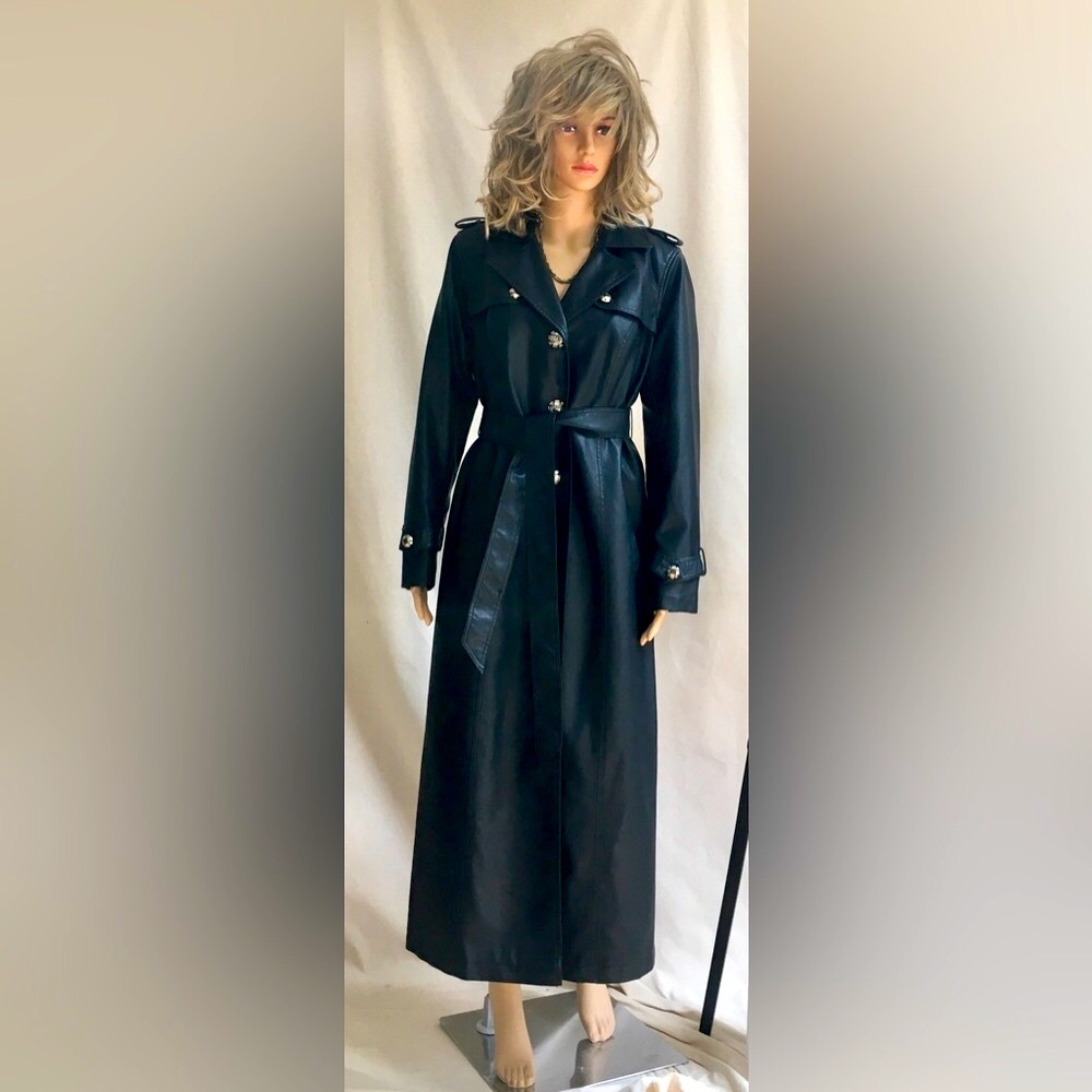 DENNIS BASSO Trench coat Black faux leather Full length Vintage SMALL Trending - Picture 15 of 15